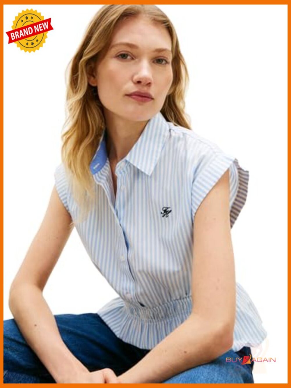 Sleeveless Cotton Button Down Shirt Smocked Waist Peplum Top - Picture 2 of 6